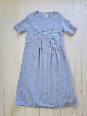 Blue Fish Women 100% Linen Dress Painted Butterfly Lagenlook Artsy M See Measure